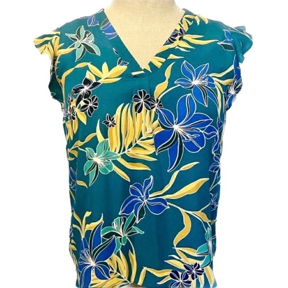St Tropez Flutter Sleeve Tropical Floral Top in Teal Green/Gold/Blue Women’s M
